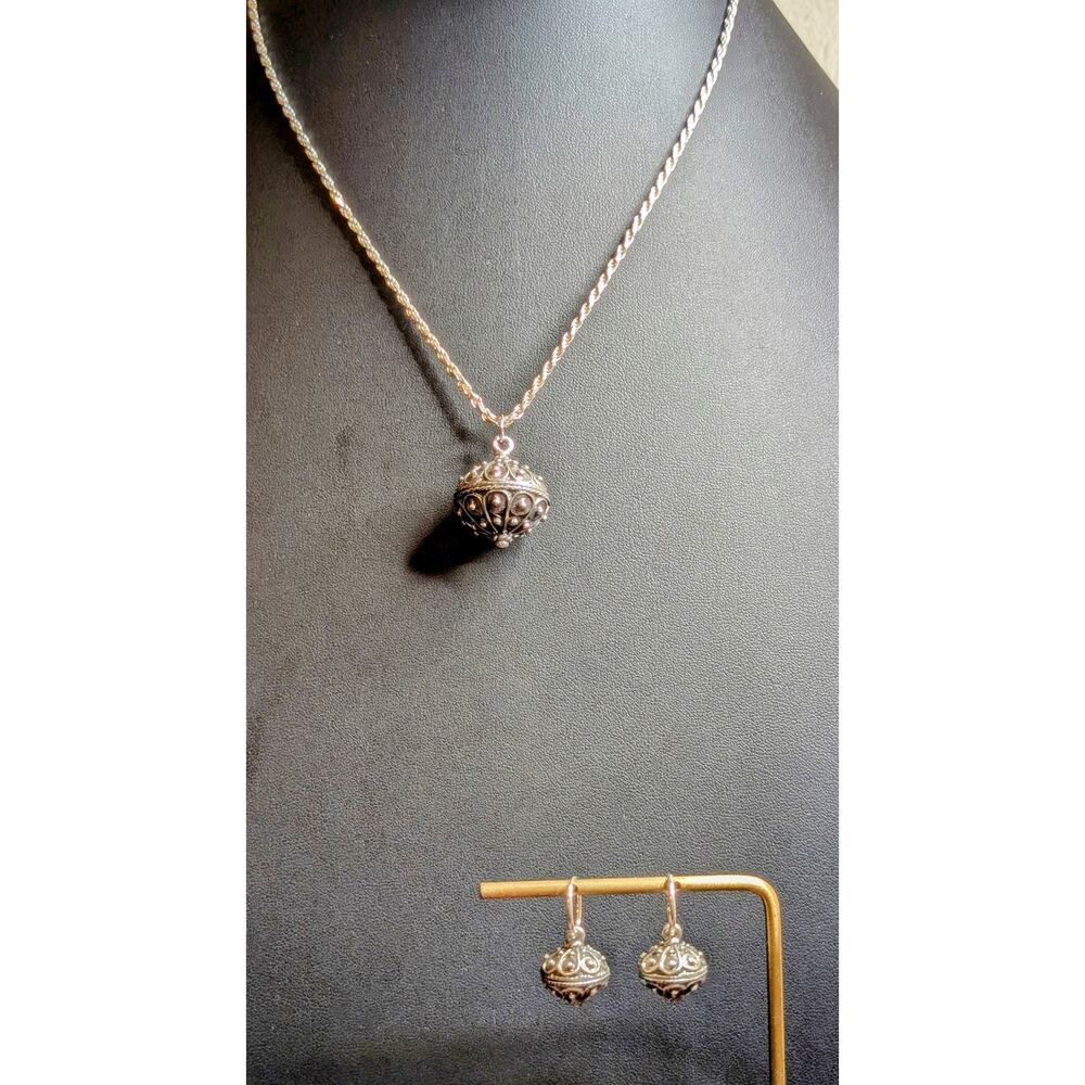VTG 925 Italy SS Rope Chain Bali Ball Pendant & Hoop Dangle Earring Set 24.39g